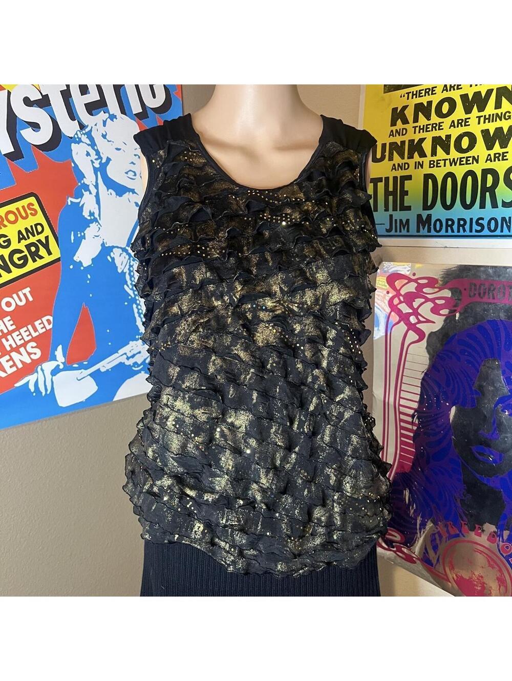 Elementz Y2K Black + Gold Metallic Ruffle Sequin Tank Top